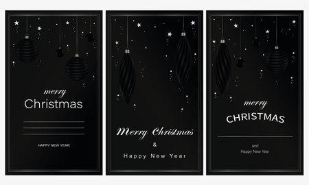 Christmas set black greeting card with black christmas ball with snow and silver starのイラスト素材