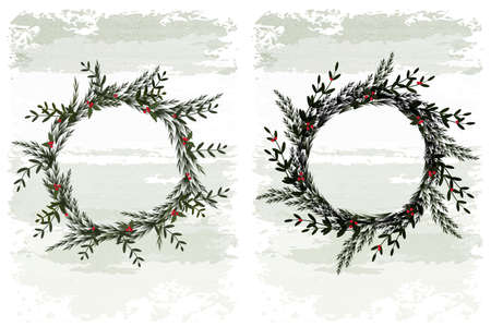 Christmas set wreath with twigs and berries. Hand drawn twigs and berries.のイラスト素材