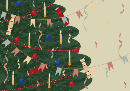 Christmas vintage card, christmas tree with red beard, christmas ball, crackers, flag and serpantine.の写真素材