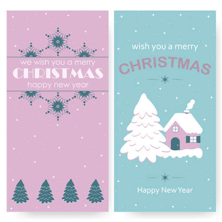 Christmas greeting card vector pink turquoise set. Decoration christmas tree, snowflake, house. Vector.のイラスト素材