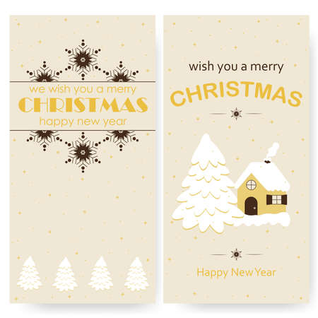 Christmas greeting card vector set. Decoration christmas tree, snowflake, house. Vector.のイラスト素材