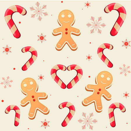 Christmas pattern, cookies, candy, snowflake, snow, red color.のイラスト素材