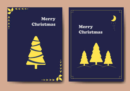 Christmas greeting card blue with yellow christmas tree. Moon, star.のイラスト素材