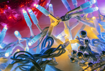 Christmas garland with highlights of various colors. Christmas background.の写真素材