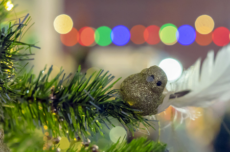 Christmas decorations. A shiny golden bird on a branch of a Christmas tree.の写真素材