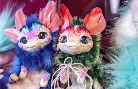 Toys of fantastic beings with big expressive eyes.