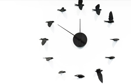 Quartz clock with black birds on a white wall.の写真素材
