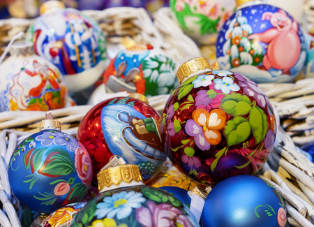 Colorful Christmas balls with various decorative patterns.の写真素材