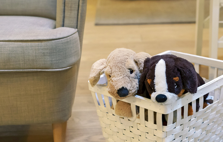 Two plush puppies in a white wicker basket. Soft toy puppy.の写真素材