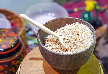 Wooden cup with a national dish of small peoples of the north of Siberia in Russia.の写真素材