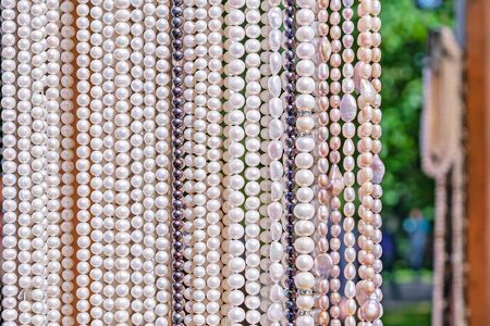Pearl beads. Round river pearls. Pearl background.の写真素材