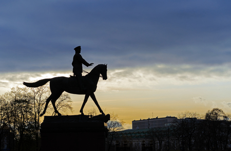 Moscow, Russia, Kremlin, November 2, 2019: Monument to Marshal Zhukov at sunset.のeditorial素材