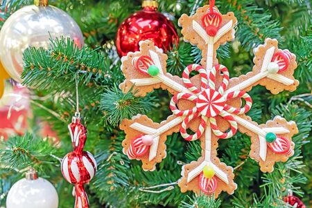 Christmas sugar cookies in the form of snowflake on a background of the Christmas tree.の写真素材