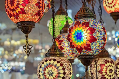 Traditional old turkish lamp. Oriental lamp from pieces of multi-colored glass.の写真素材