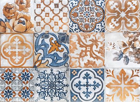Ceramic tiles with bright patterns. Porcelain tile with a multi-colored pattern.の写真素材