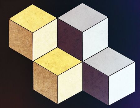 3D squares of multicolored ceramic tiles on a dark background.