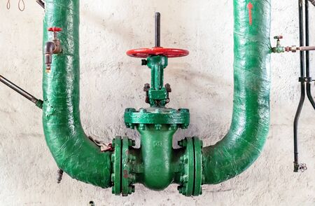 Shutoff valves in a water supply network. Gas boiler house equipment.の写真素材
