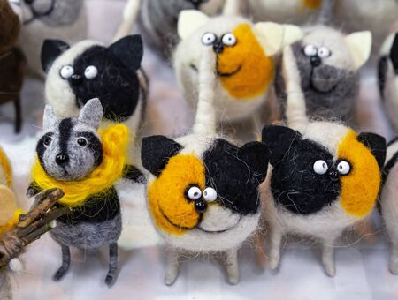 Toys of little puppies and mice from felted wool.の写真素材