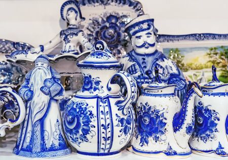 Porcelain tableware made in the Russian style Gzhel.の写真素材