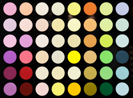 Multicolored circles on a black background. The palette of interior paints.の写真素材