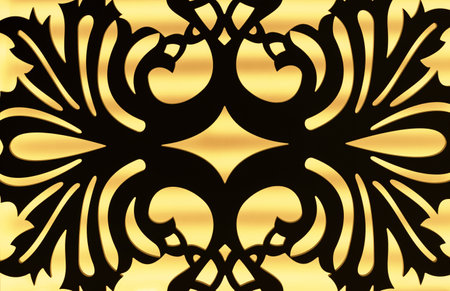 Black silhouette of a wooden lattice on a yellow background with LED lighting.の写真素材