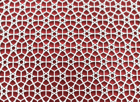 Lace lattice on a red background. Lace texture. Geometric ornament.の写真素材