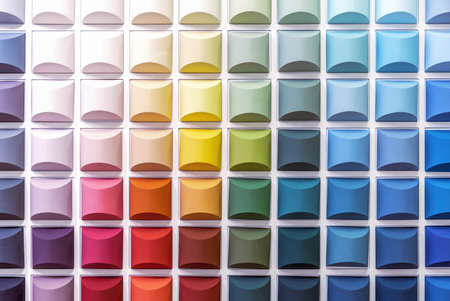 Multicolored squares with 3d effect on a white background. Samples of interior paints in the form of volumetric colored cubes.の写真素材