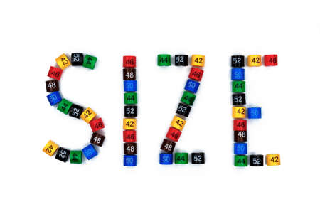 Lettering SIZE made of multicolored plastic size labels.