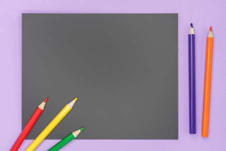 Gray frame with colored pencils for drawing. Background with pencils.の写真素材