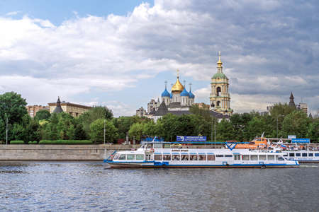 Moscow, Russia - August 04, 2021 River cruise ships on the pier of the Moscow River.のeditorial素材