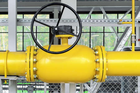 Gas shut-off valve at gas processing station. Valve on the gas boiler house.の写真素材