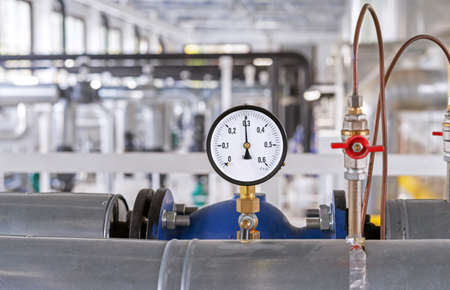 Manometer for measuring gas pressure in a gas pipeline. Gas boiler room equipment.の写真素材