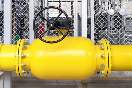 Gas shut-off valve at gas processing station. Valve on the gas boiler house.の写真素材
