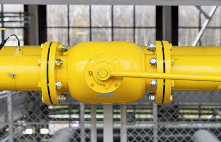 Gas shut-off valve at gas processing station. Valve on the gas boiler house.の写真素材