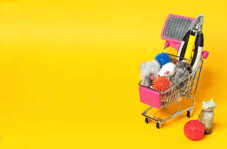 Shopping cart with accessories and toys for cats. Concept shopping for pet.の写真素材