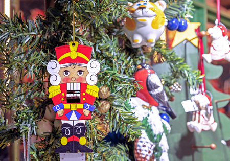 Wooden Christmas toy nutcracker on the Christmas tree.の写真素材