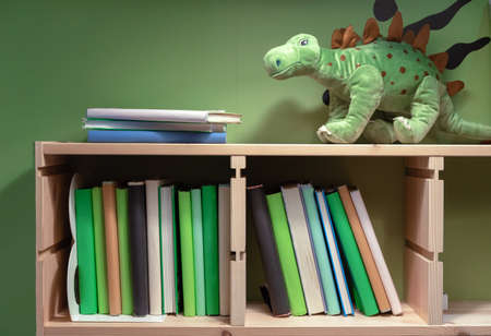 Shelf with books, textbooks and a toy dinosaur in the children's room.の写真素材