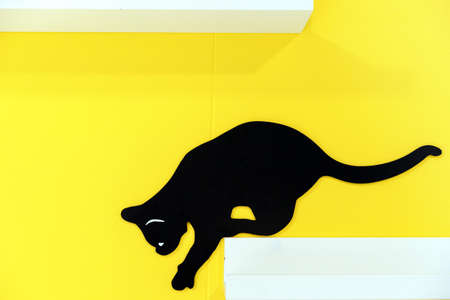 Silhouette of a black cat on a yellow wall with white shelves.の写真素材