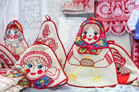 Russian doll matryoshka from fabric. Traditional souvenir from Russia is a nesting doll.の写真素材