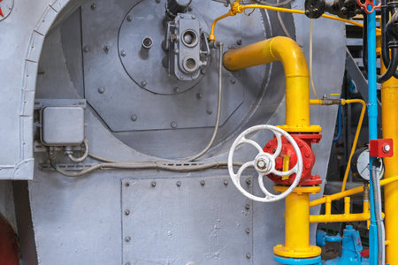 Shut-off valves in the gas supply system at the gas boiler house. Gas boiler room equipment.の写真素材
