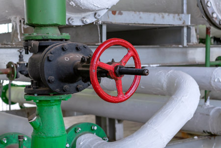 Shut-off valves in the water supply system at the gas boiler room. Regulating valve.の写真素材