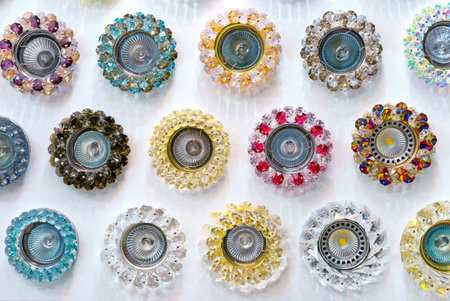 Crystal ceiling lights with halogen and LED lighting.