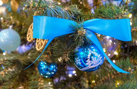Blue Christmas ball with a blue satin ribbon on the Christmas tree.の写真素材