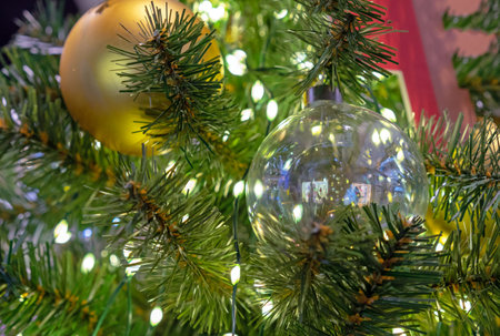 Transparent Christmas ball on a Christmas tree with a garland.の写真素材