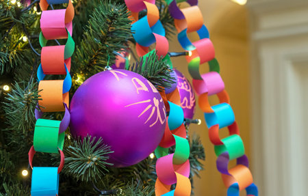 Garland-chain made of colored paper on Christmas tree. Christmas and New Year's decor.の写真素材