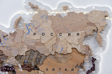 Wooden map of Russia and neighboring countries, names of countries in Russian. Map for trip planning.の写真素材