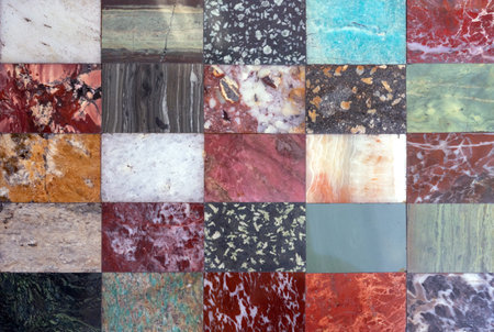 Samples of marble, granite, quartz. Background and texture of multi-colored marble.