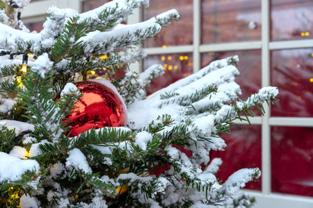Red Christmas ball on a snow-covered Christmas tree with a garland.の写真素材