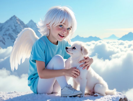 Angel child and dog in snowy mountain paradiseの素材