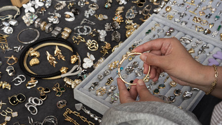 Close-up of woman's hands holding golden bracelet at jewelry stand, variety of silver and gold...